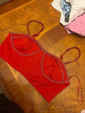 Aster Red Rhinestone Trim Bustier Crop Top, Size L